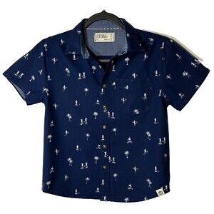 Free Planet Shirt Boys Sz Small(8) Blue Palm Trees Surf Boards Pocket Button Up